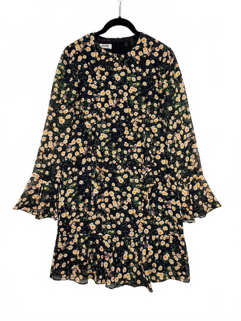 Moschino Daisy Print Dress Black Long Sleeve Silk Chiffon Ruffle Size 4 US
